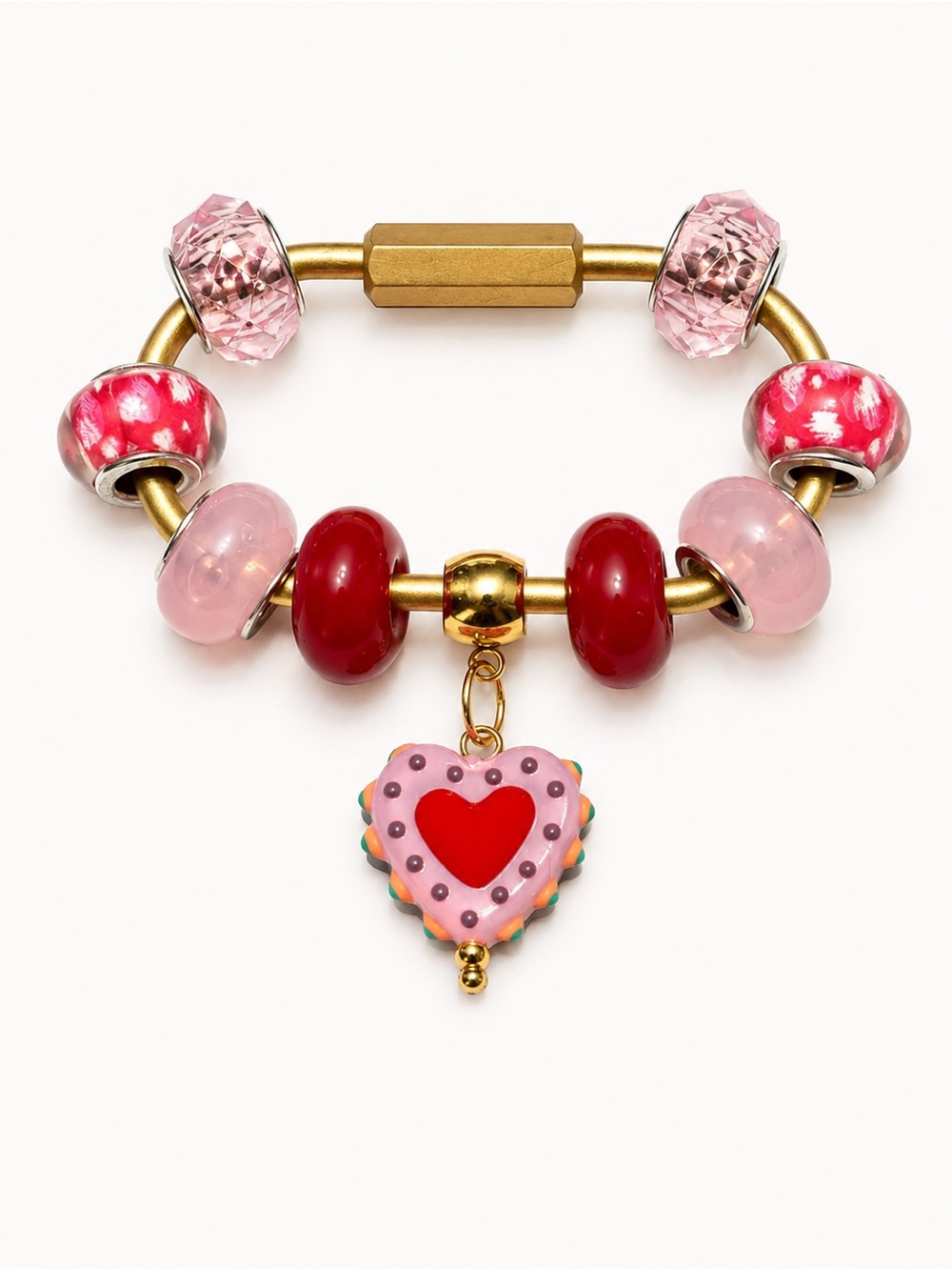 Handmade Pink & Red Heart Gold Tone Brass Carabiner Bag Charm Keychain